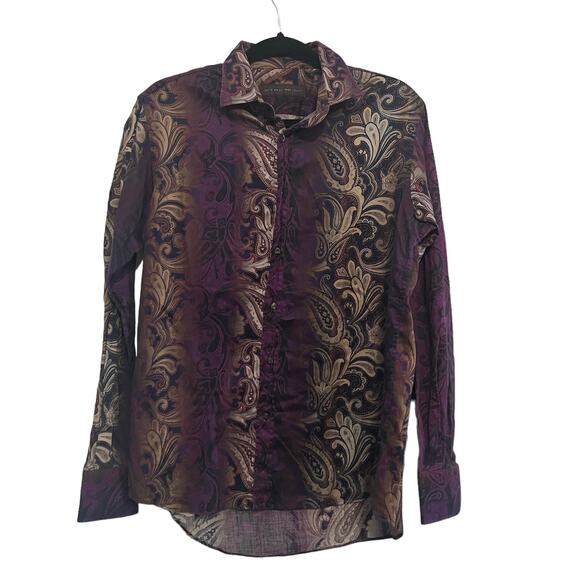 Etro Purple Green Tan Paisley 100% Cotton Button Down Top 41 - Picture 1 of 5